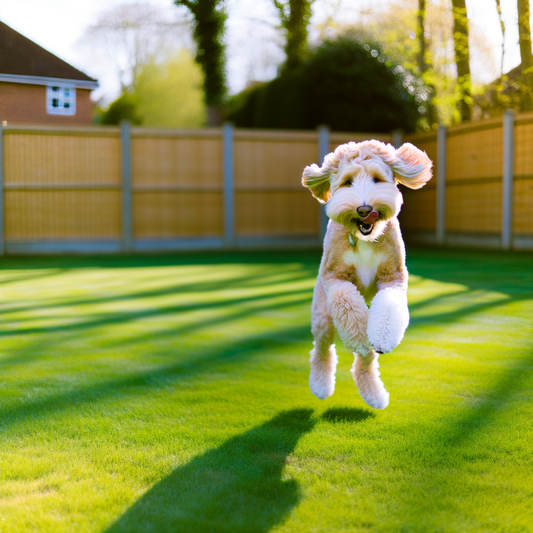 A playful dog jumping in a green backyard.