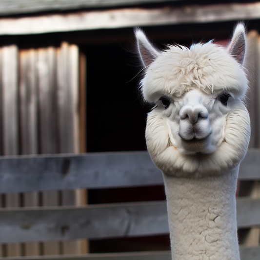 A close-up of a curious white alpaca.