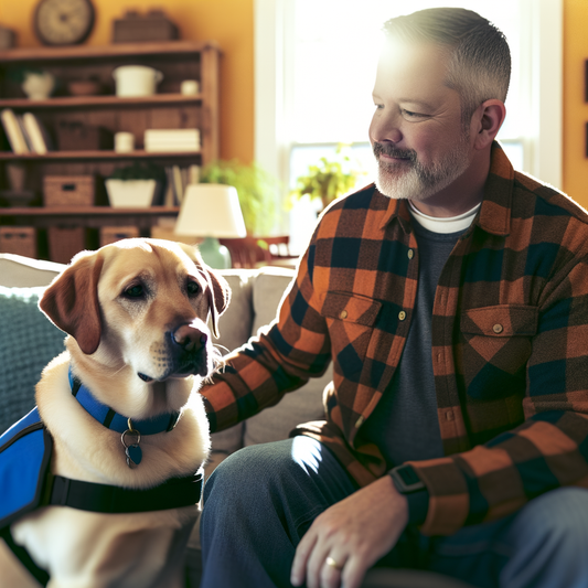 A man gently pets his service dog at home.