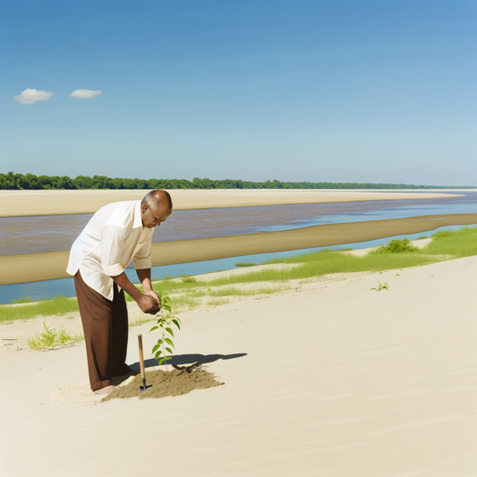 A man planting a young tree by the riverside.