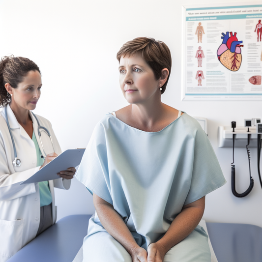 Patient in a medical gown awaiting consultation from a doctor.
