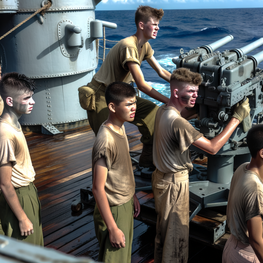 Young sailors operating artillery on a naval ship.