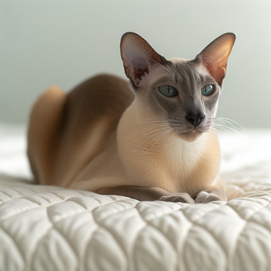 Siamese cat relaxing on a white quilted blanket.