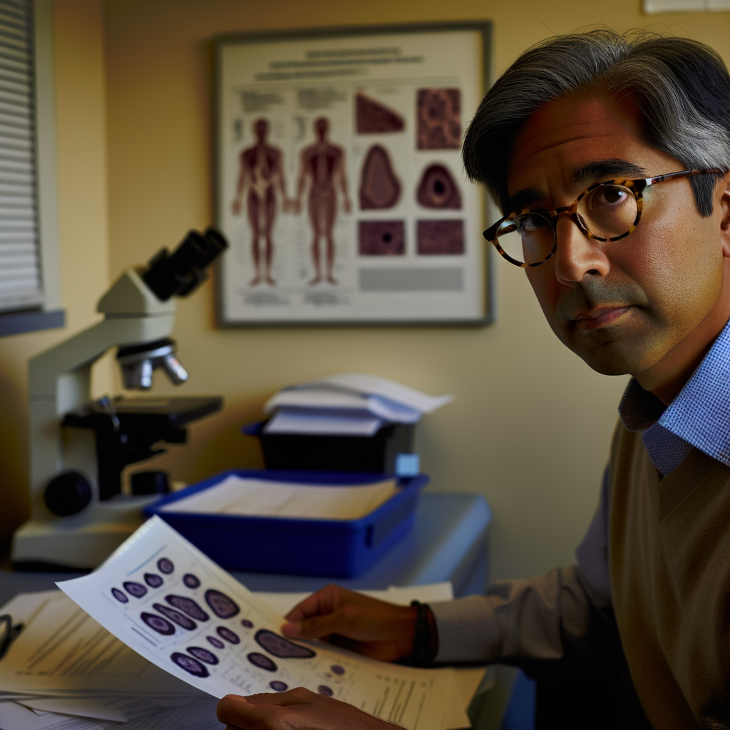 Scientist examining samples in a laboratory setting.