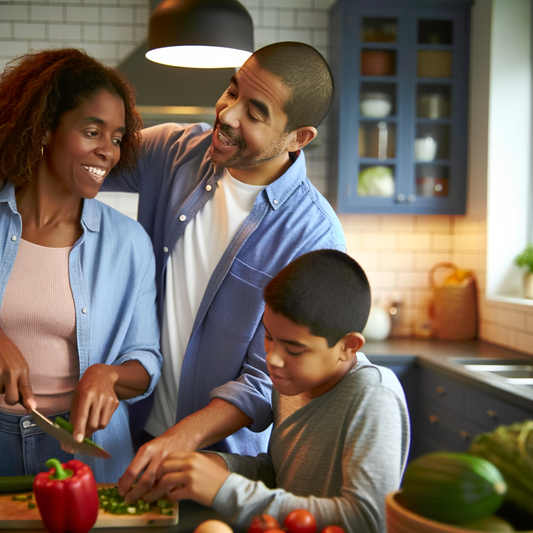 Family cooking together in a stylish kitchen.