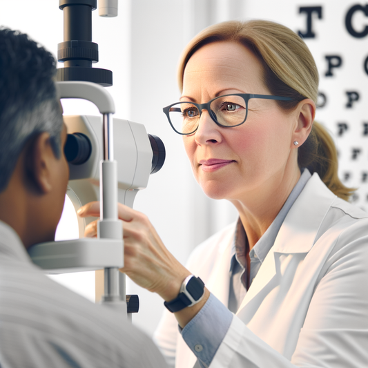 Eye exam in progress with a caring optometrist.