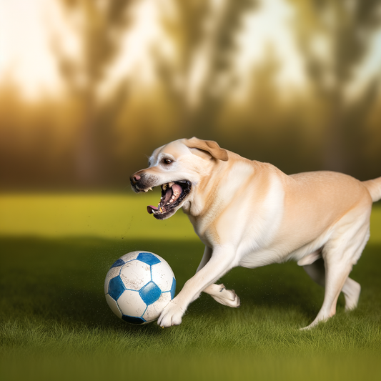 Happy dog playing soccer on a sunny field.