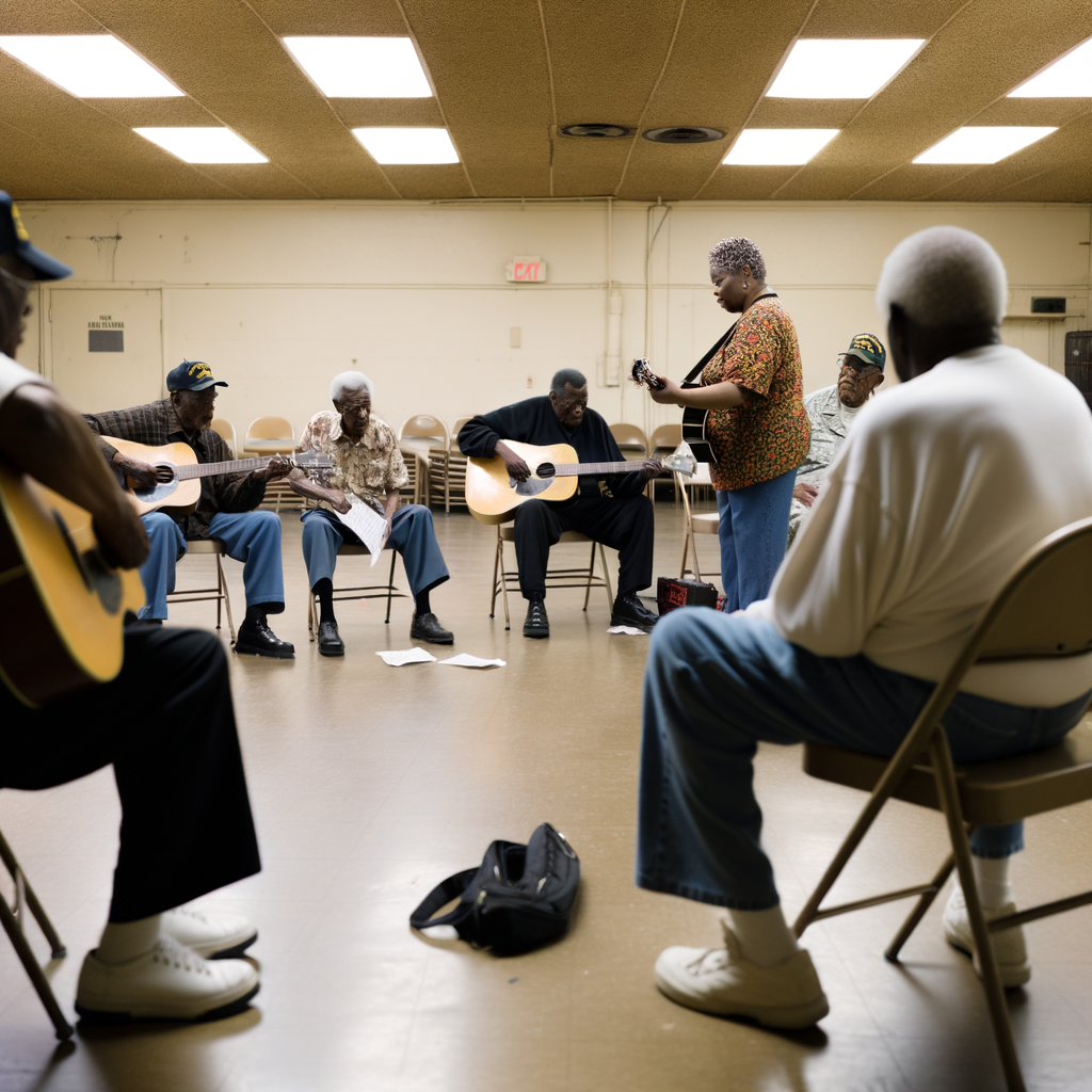Group of musicians playing guitars in a circle.