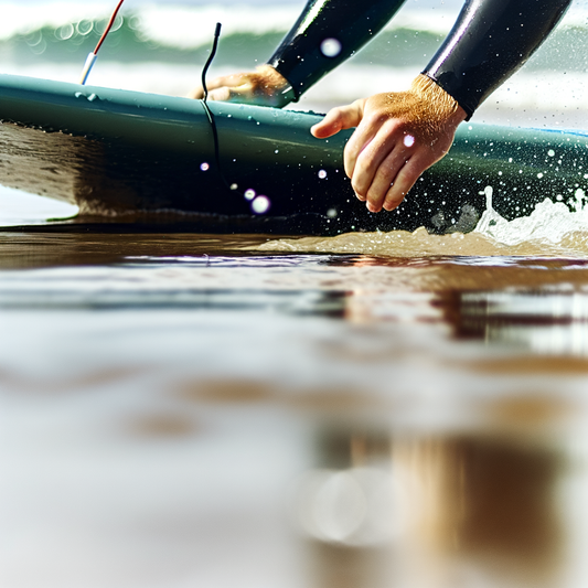 A person holding a surfboard in the water.