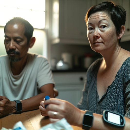 A man and woman sitting at a kitchen table, deep in thought.