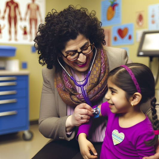 Doctor checking a young girl's heart rate with a stethoscope.