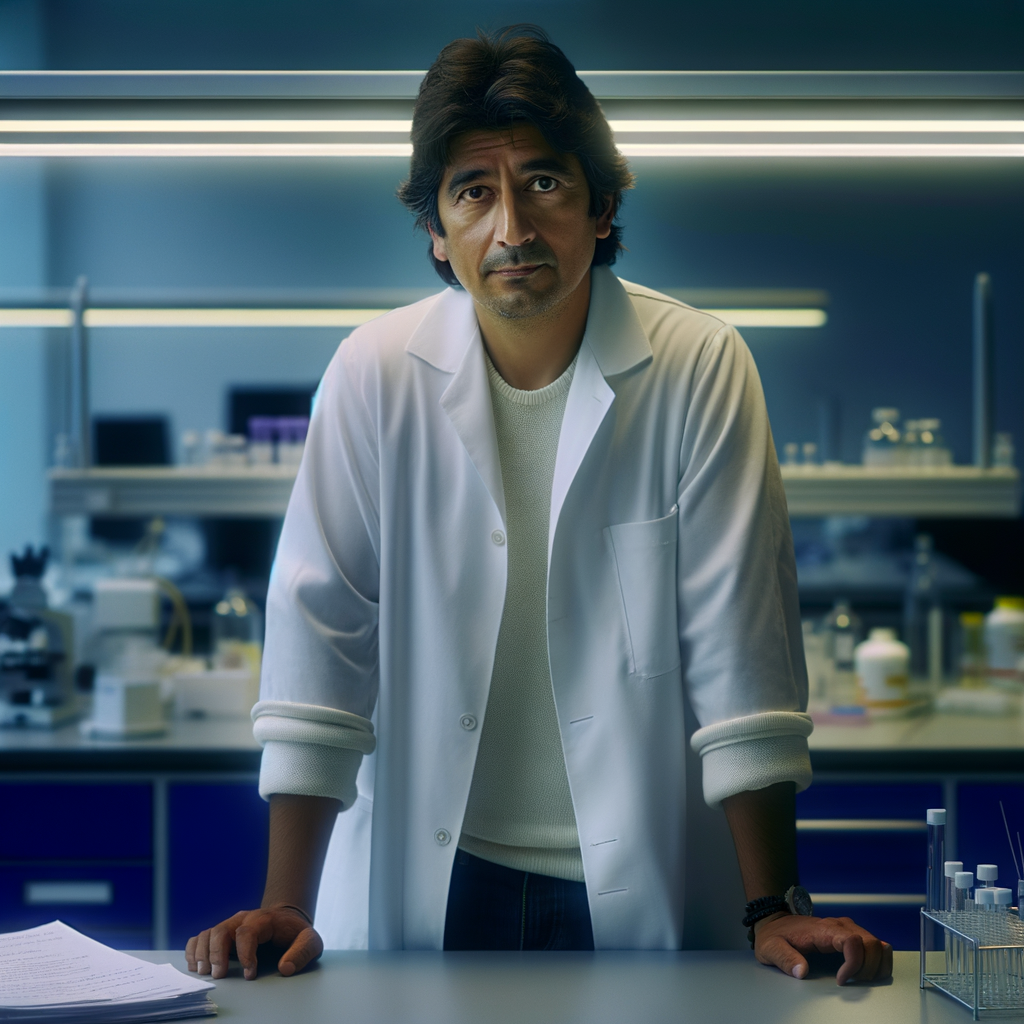 Scientist in a lab, looking thoughtfully at the viewer.