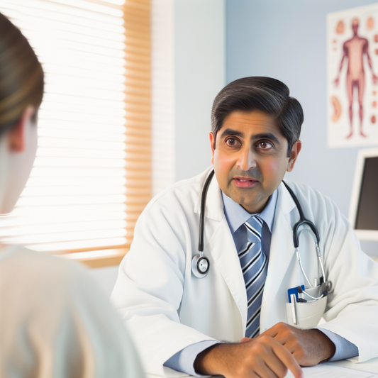 Doctor speaking with a patient in a clinic.