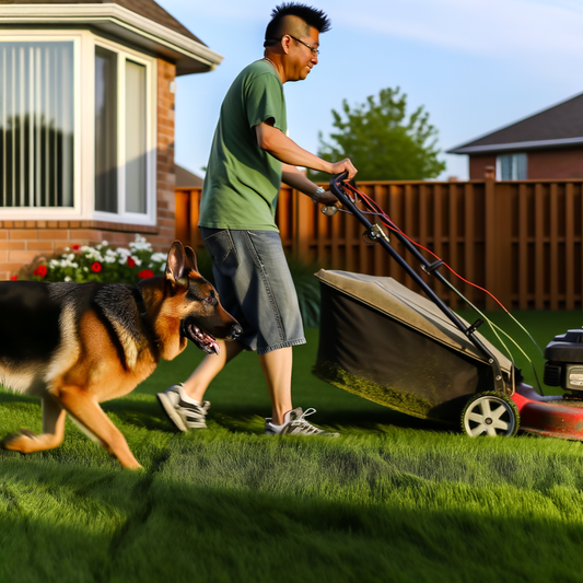Man mowing the lawn with a dog nearby.