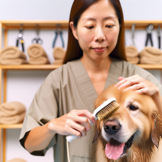 A groomer brushing a golden retriever's fur.