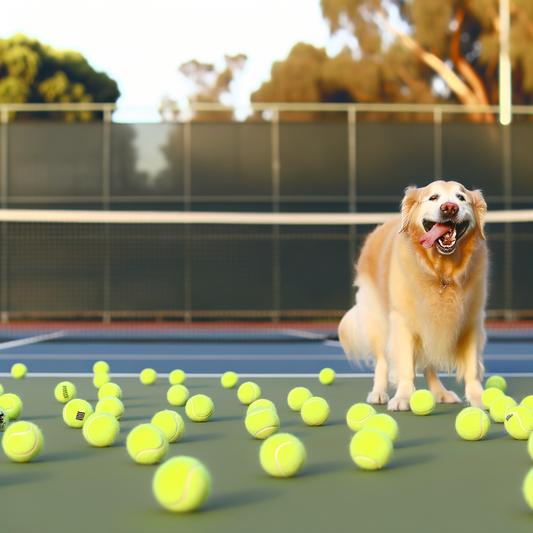 Happy dog surrounded by tennis balls on a court.