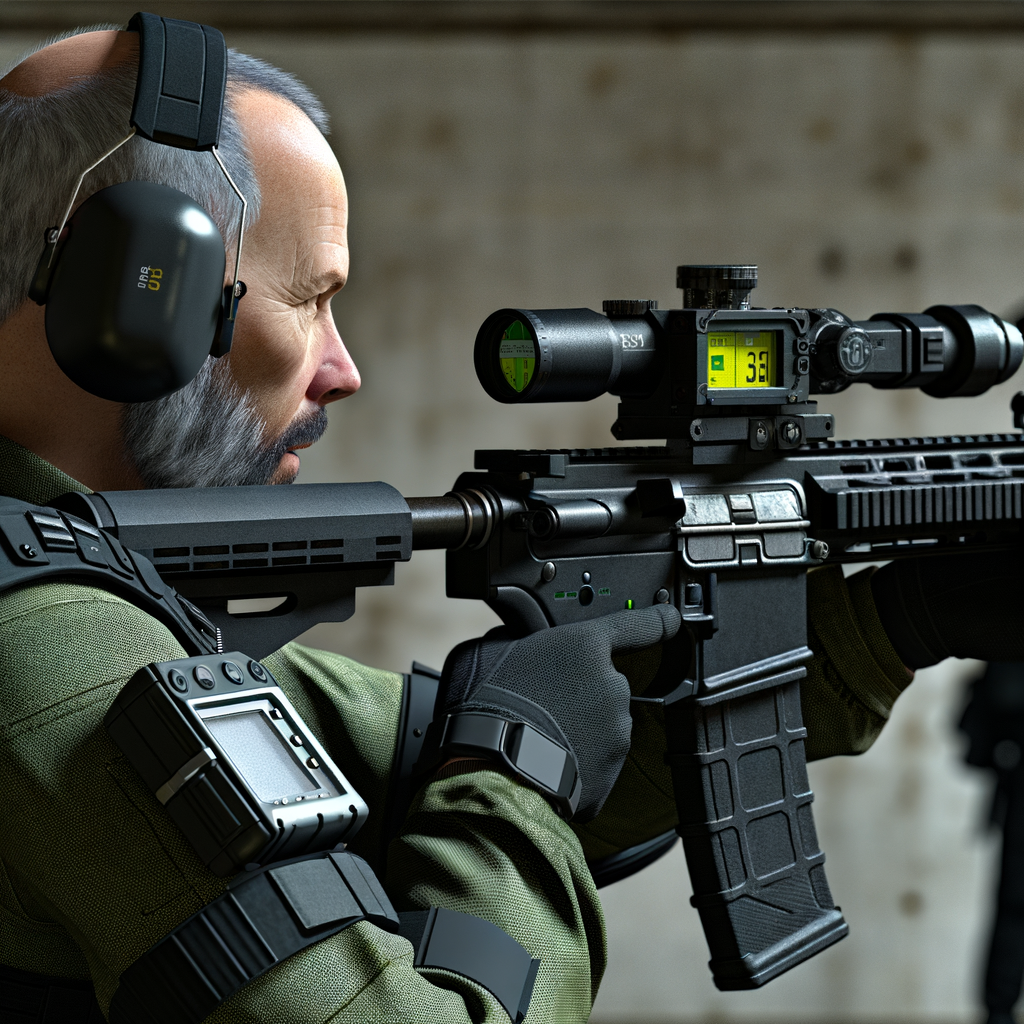 A soldier aiming a scoped rifle in a tactical setting.