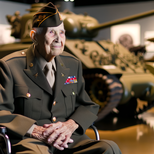 Elderly veteran seated with military honors and tank backdrop.