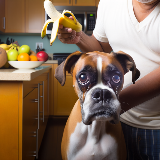 A person holding a banana next to a sad dog.