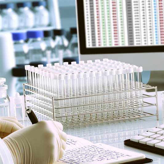 Laboratory setting with test tubes and computer equipment.