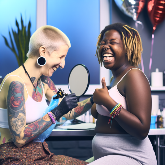 Tattoo artist joyfully working with a happy client.