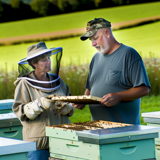 Beekeepers inspecting a hive frame outdoors.