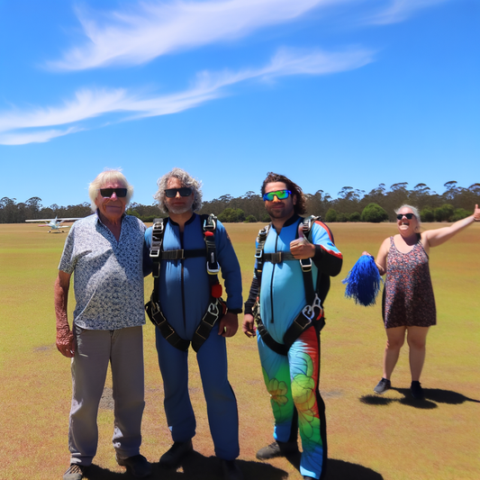 Group of friends preparing for skydiving, cheerful atmosphere.