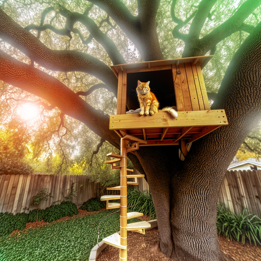 Cat sitting in a treehouse among lush greenery.