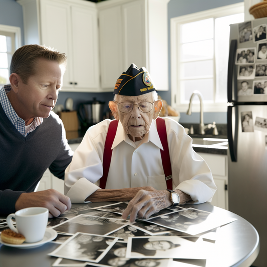 A veteran shares stories over old photographs.