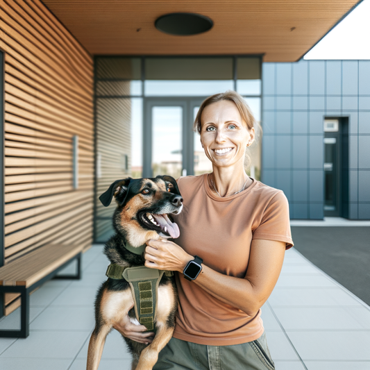 Smiling woman holding her happy dog outside a modern building.