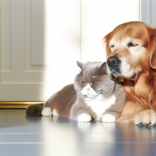 A dog and cat cuddling together in a sunny room.