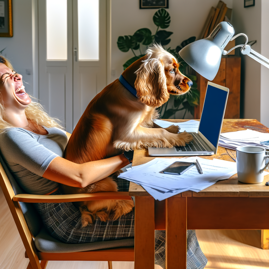 Woman laughs while her dog sits at her laptop.