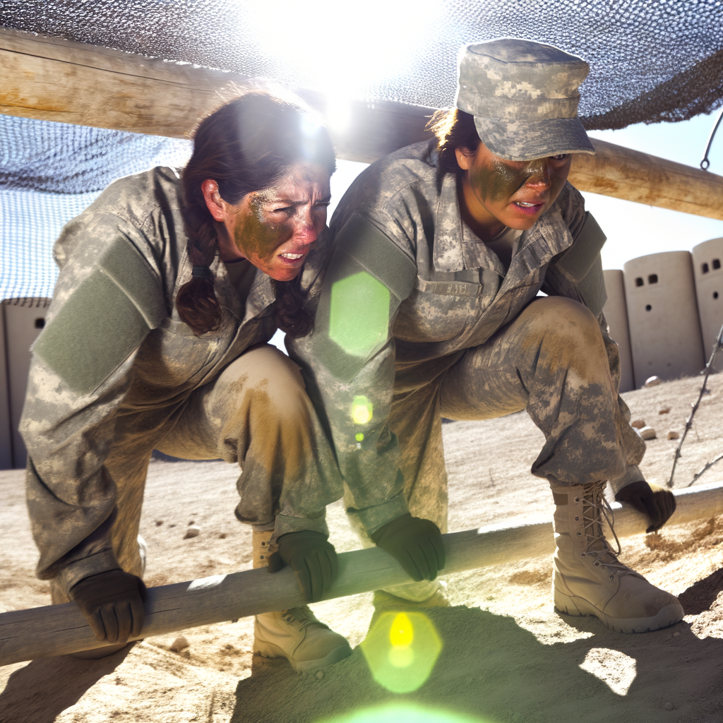 Two soldiers training under the sun, focused and determined.