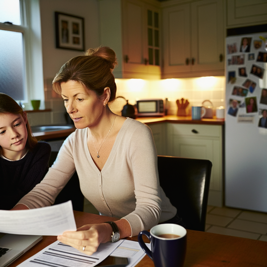 Mother and daughter reviewing documents at a kitchen table.