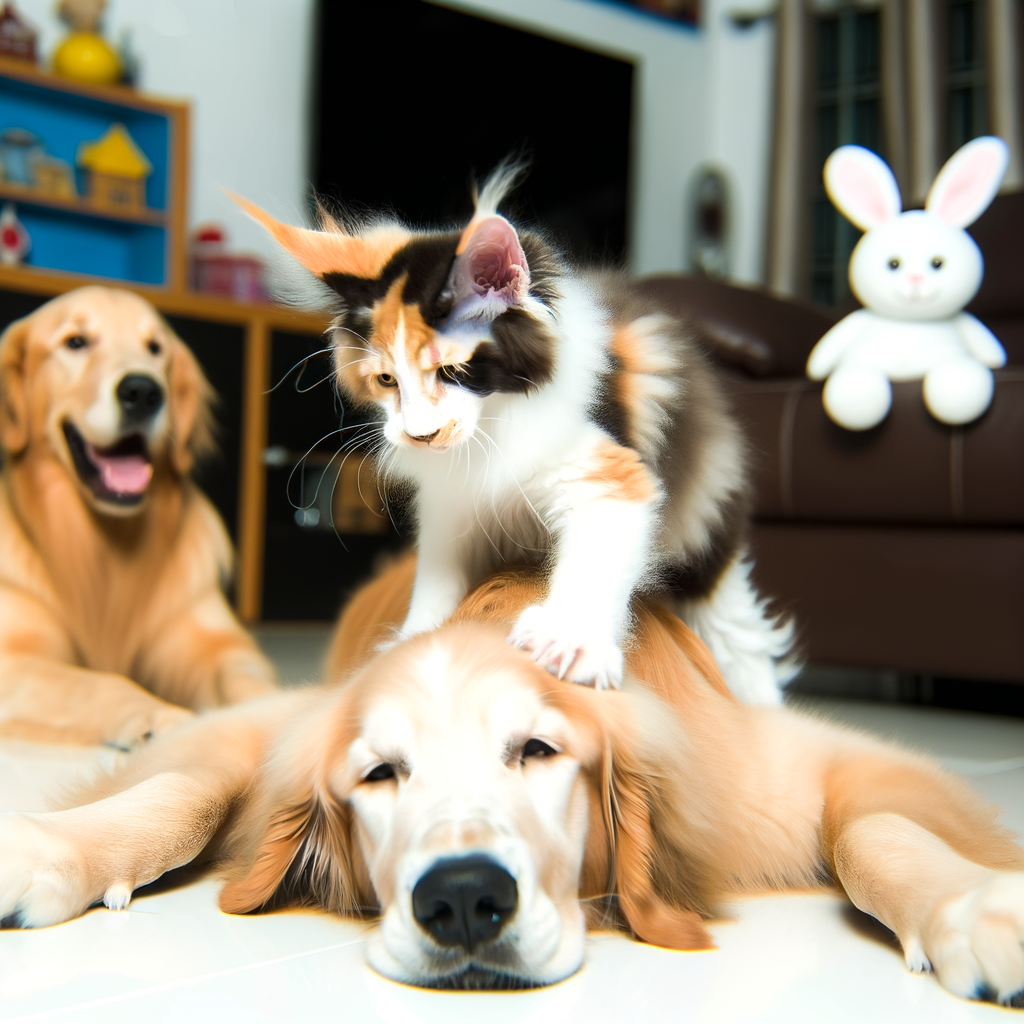 Playful kitten climbing on a golden retriever.