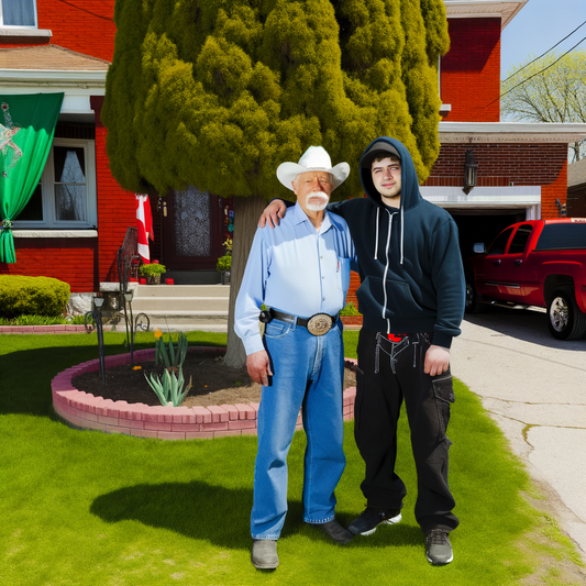 Two men posing together in front of a house.