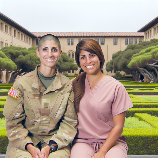 Two women in military and medical uniforms smiling together.