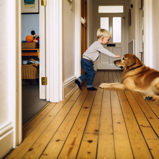 Toddler gently petting a golden retriever in a hallway.