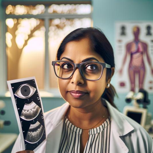 Doctor holding an eye scan in a medical office.
