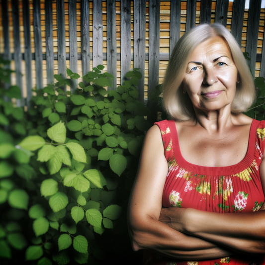 Smiling woman with crossed arms in a garden.