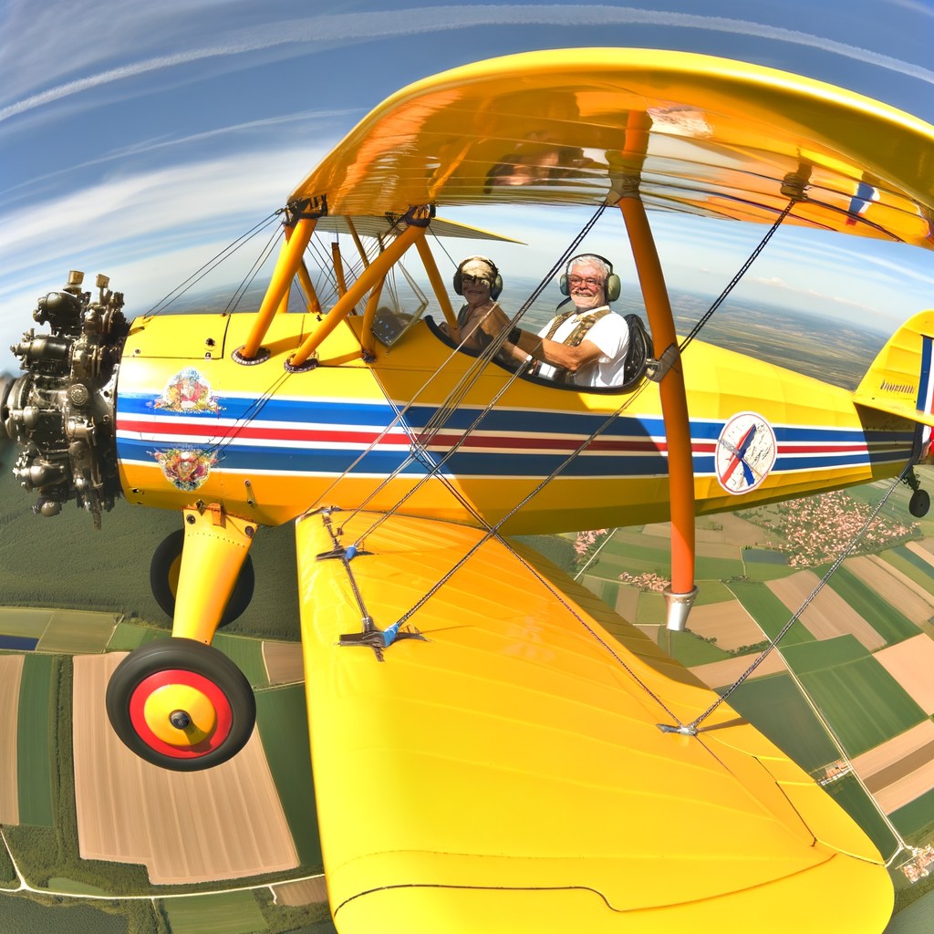 Two pilots smiling in a yellow biplane above fields.