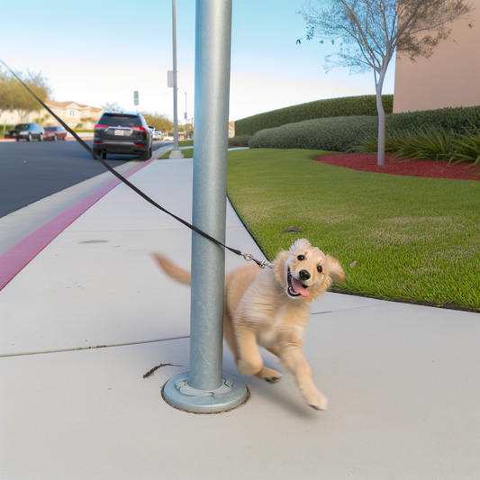 Playful puppy joyfully running around a pole.