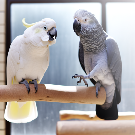 Two colorful parrots perched on a branch.