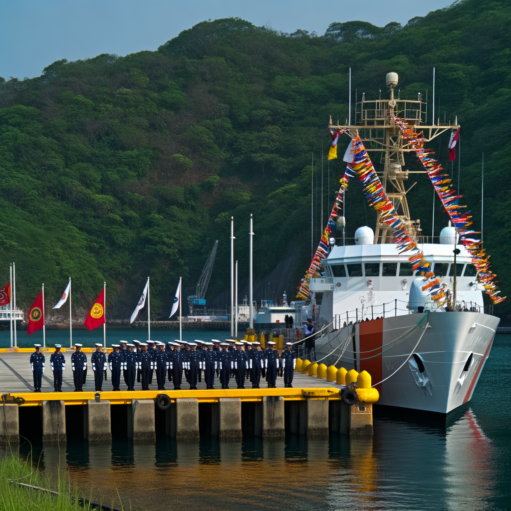 Military personnel lined up by a decorated ship.