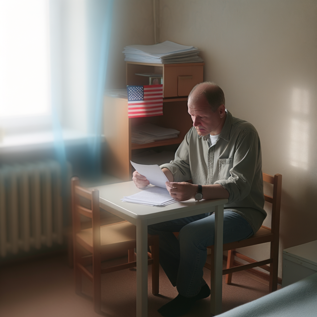 Man reading documents at a table in a quiet room.