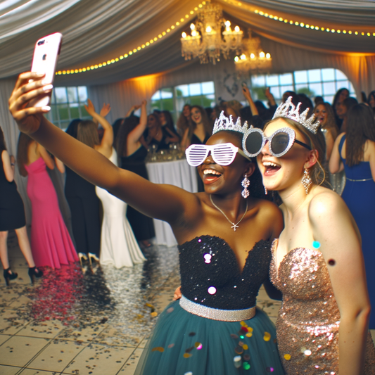 Two friends taking a selfie at a lively party.