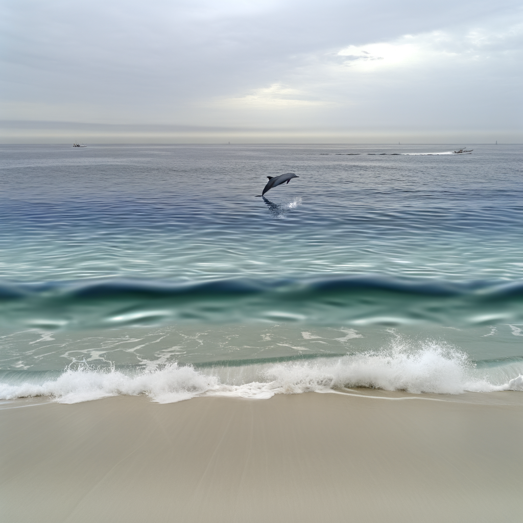 Dolphin jumping over calm ocean waves at the beach.