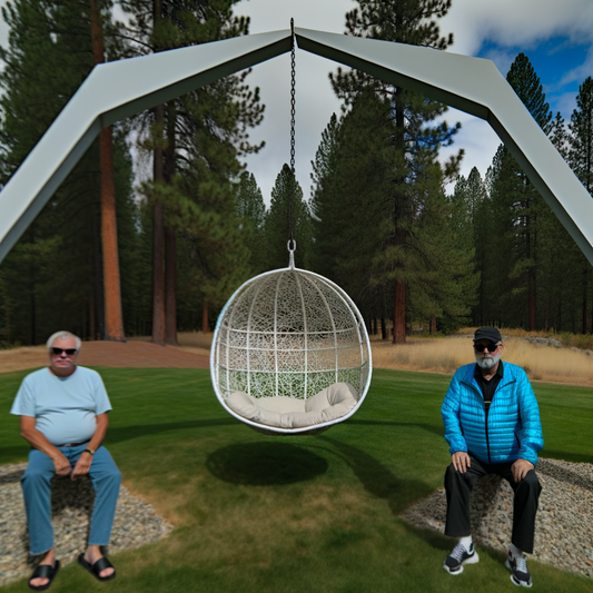 Two men sitting beside a hanging chair in a forest.