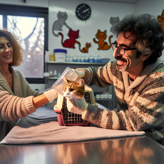 A man and woman care for a cat at a clinic.