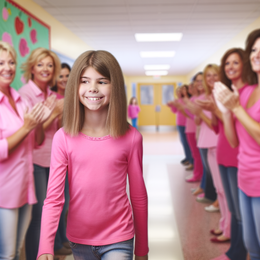 A smiling girl walks through a supportive crowd.